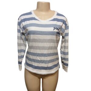 DOE Long Sleeve Top XS Women White Blue Cotton Polyester Striped Blouse Shirt